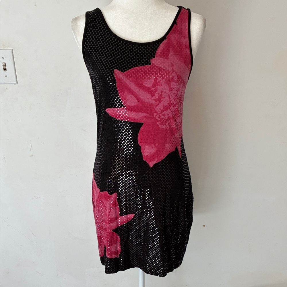 Express Sleeveless Black Dress with Pink Floral and Sparkly